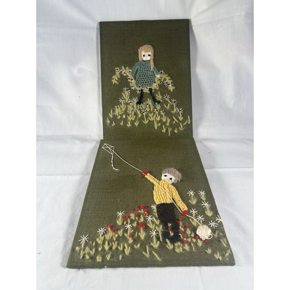 Crewel Needlepoint Art SET OF 2 Boy Girl Kite Flowers Board Back unframed 70's - Picture 6 of 12